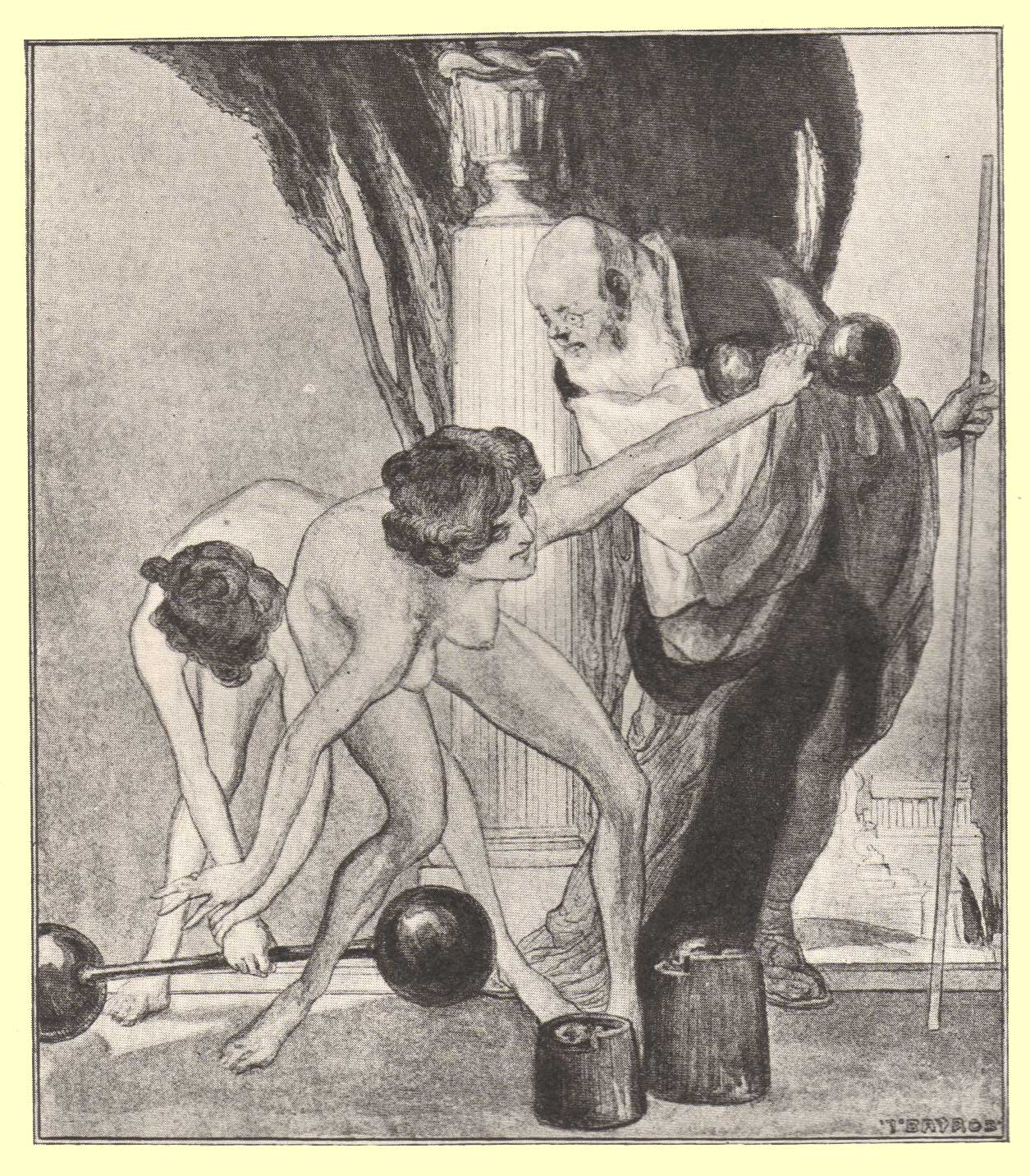 Picture looking from before them, of two nude girls, bent over lifting dumb-bells, with an old man clad in robes, with a staff, beside them looking on, by Marquis de Bayros.