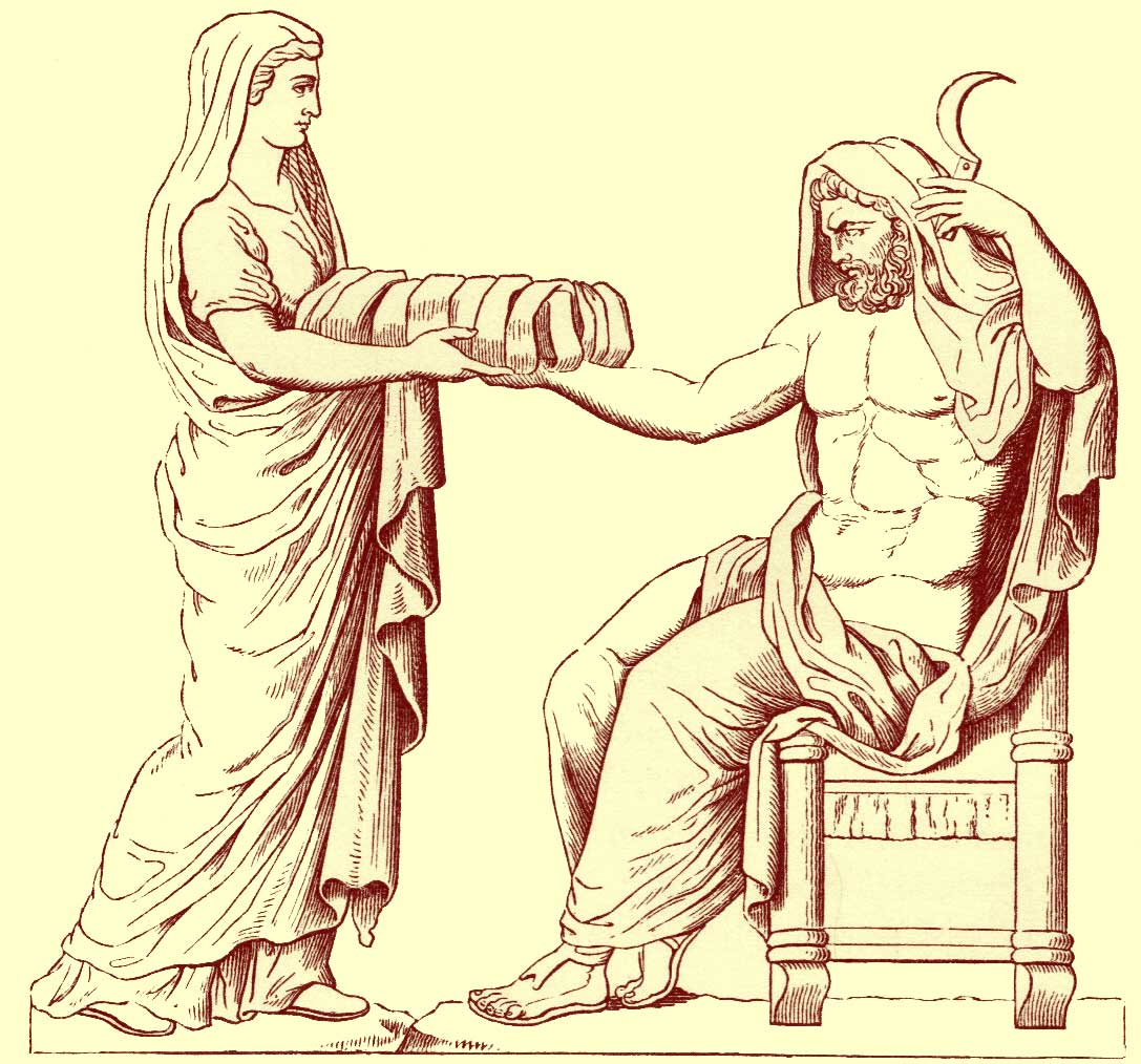 Black and white illustration of a relief from the Capitoline Museum in Rome of Cronus, seated, wish a sickle in one hand, and being handed a bundle [the stone] wrapped in strips of cloth by Rhea.