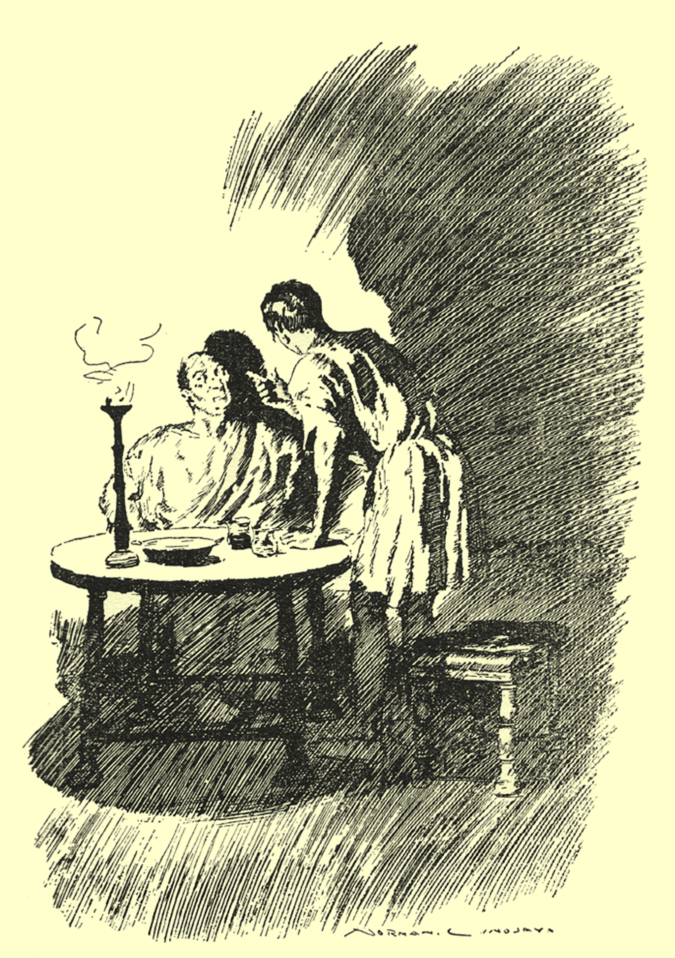 Black and white pen and ink drawing by Norman Lindsay, of a standing man in a tunic, talking to another man, who is seated at a table with a candlestick, plate and cup on it.