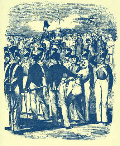 Black and white engraving of a bare-chested man being pushed through to lines of soldiers, one saluting. Behind is a man in uniform seated on a horse, surrounded by civilians, men and women, with a tower or steeple in the distance.