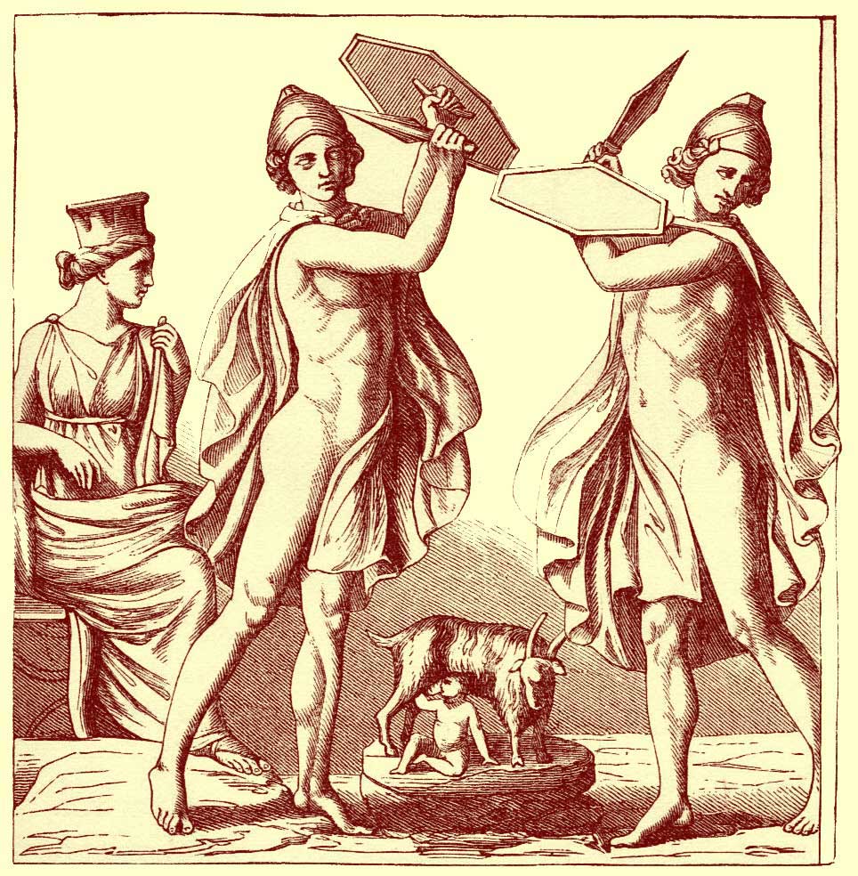 Black and white illustration of ancient artwork showed two youths, the Curetes, each holding a piar of shields in the air,with Rhea seated behind them watching the goat, Amalthea, nurse the infant Zeus.