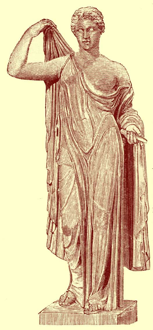 Black and white photograph of a statue of Venus [Aphrodite], gowned and with her hand reaching behind her holding her stole, 

.