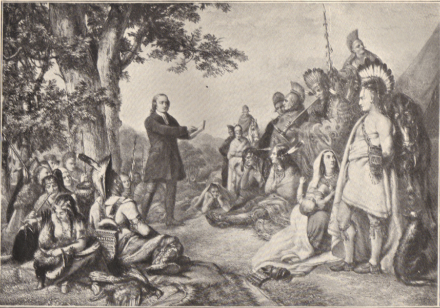 A black and white photograph of a painting, of John Wesley preaching to a large group of Indians.