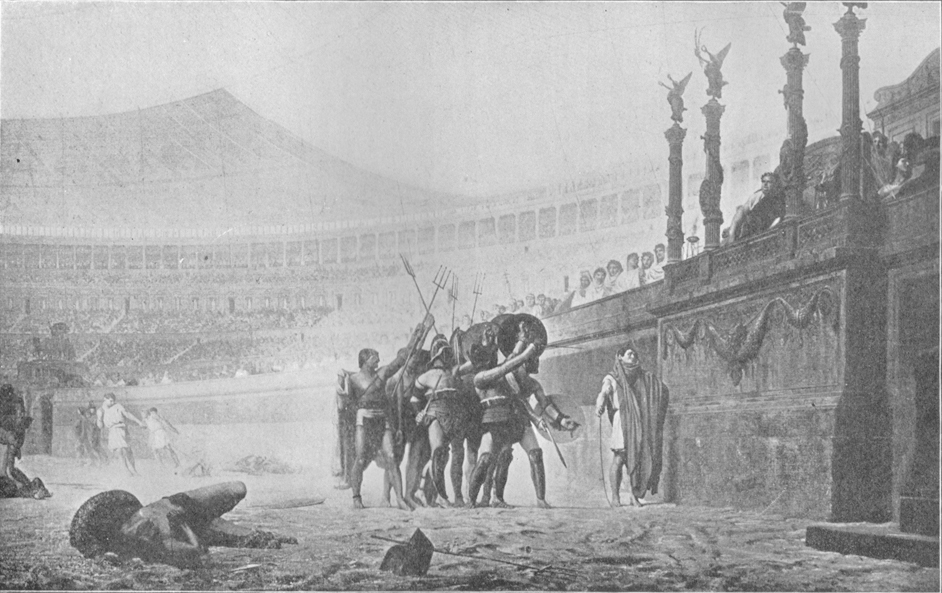 A black and white photograph of a painting, by J. L. Gérôme, of surviving gladiators in the amphitheater befoe Caesar.