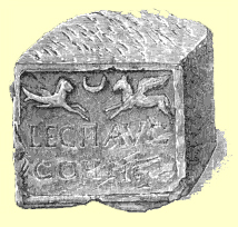 Black and white engraving of a stone block with a carved relief of a sea-goat and a horse, and a legionary inscription, from the Blackgate Museum at Newcastle-Upon-Tyne.