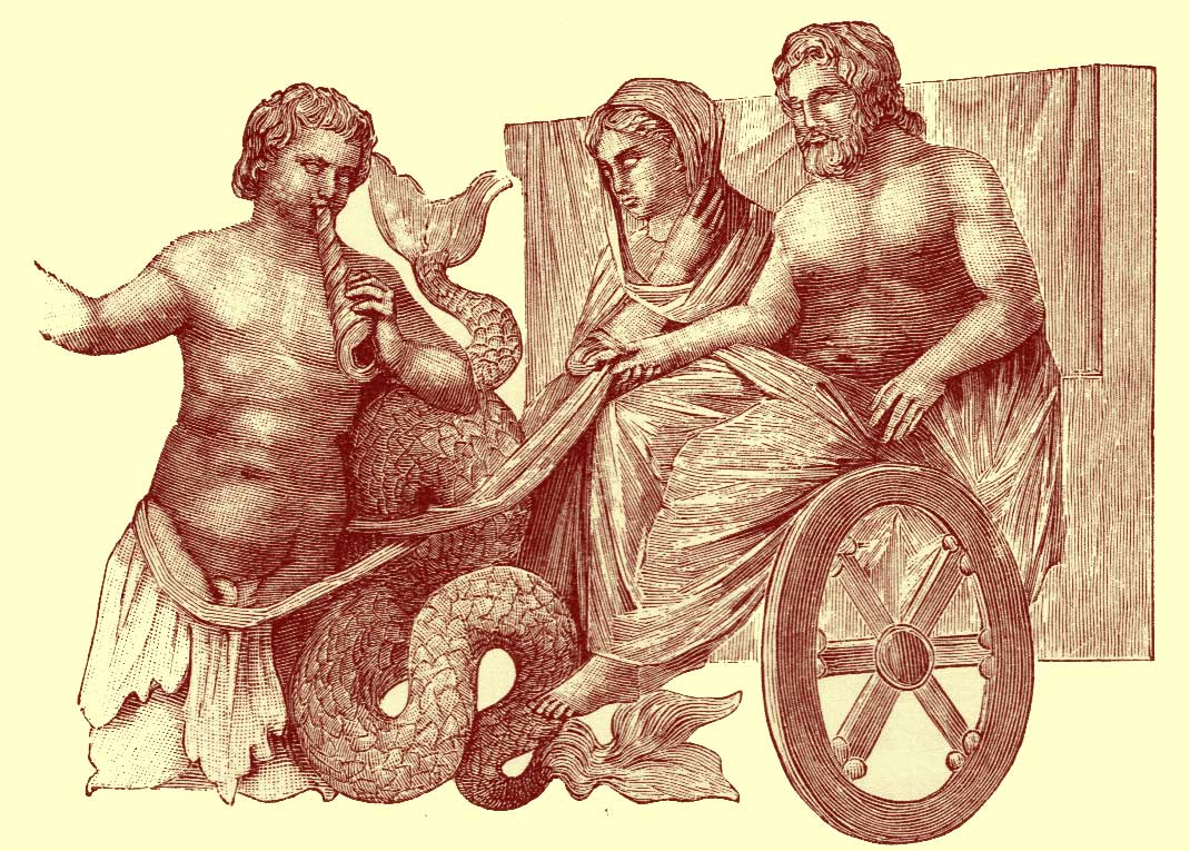 Black and white drawing of artwork in Munich showing Amphitrite and Poeseidon [Neptune] in a cart, looking at a figure playing a pipe.  There is a coiled sea-creature between the.