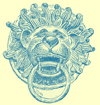 A black and white engraving of a round-eared lion door knocker, with a head in its mouth, from Mayence.