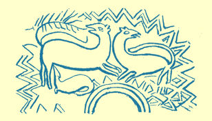 A black and white engraving of the oldest animal carving in England, of two Saxon animals at Aldboroough Church, Yorkshire.