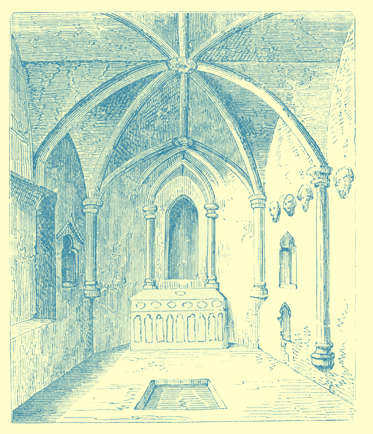 A black and white engraving of the interior of St. Robertଁs Chapel, Knaresborough.  It is built into a hill.