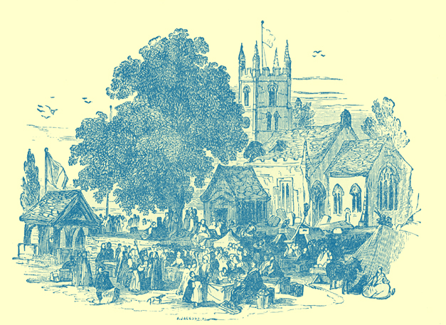 A black and white engraving of a church wake, at Welford, Warwickshire, with a church and houses in the background, and people and a few tents in the foreground.