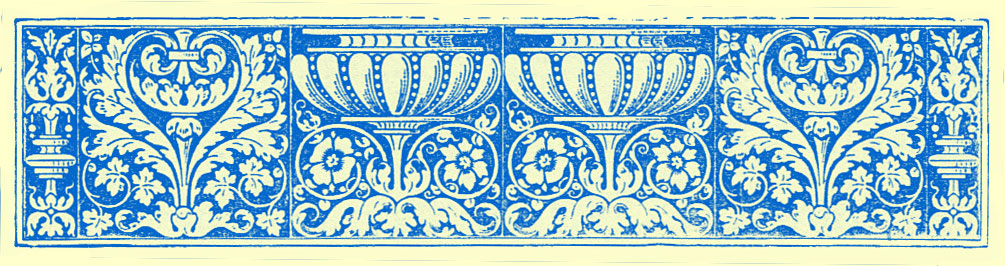 stylized border engraving of vases and interlacing vines