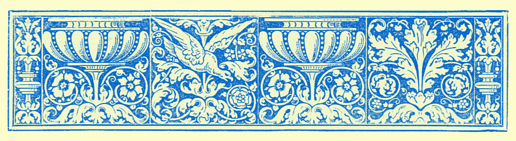 stylized border engraving of birds and interlacing vines