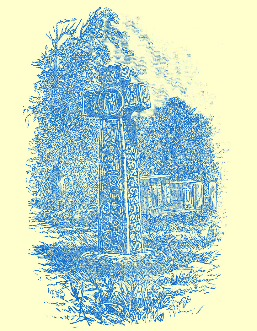 An engraving of a large stone cross in a church-yard, with engravings all around.  Trees and smaller funeral monuments are in the background.