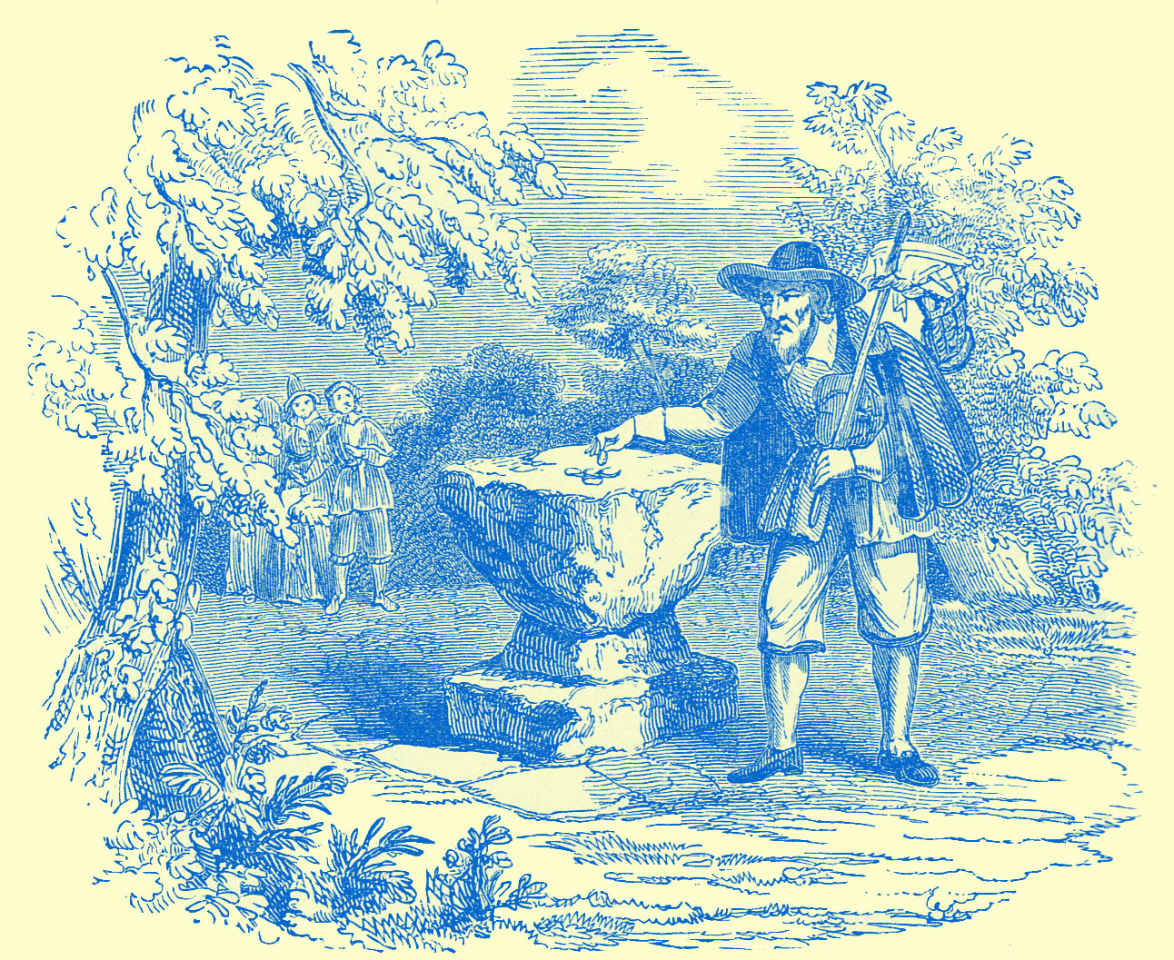 A Large Stone on a Pedestal with a few coins on it.  A man is reaching for it, who is holding a knapsack on a stick which is resting over his other shoulder.  This is surrounded by some trees, and a in the background are  two people at a distance watching him. 