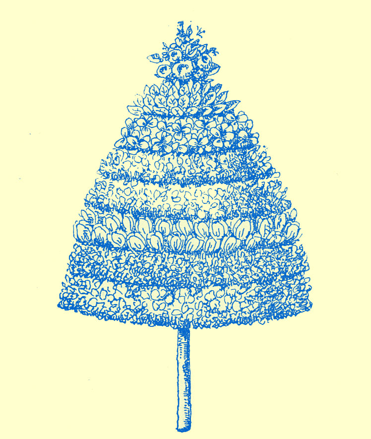 A triangular garland, with stripes made up of a single flower type each, surmounted by a varied bouquet, with a pole inserted at the base.