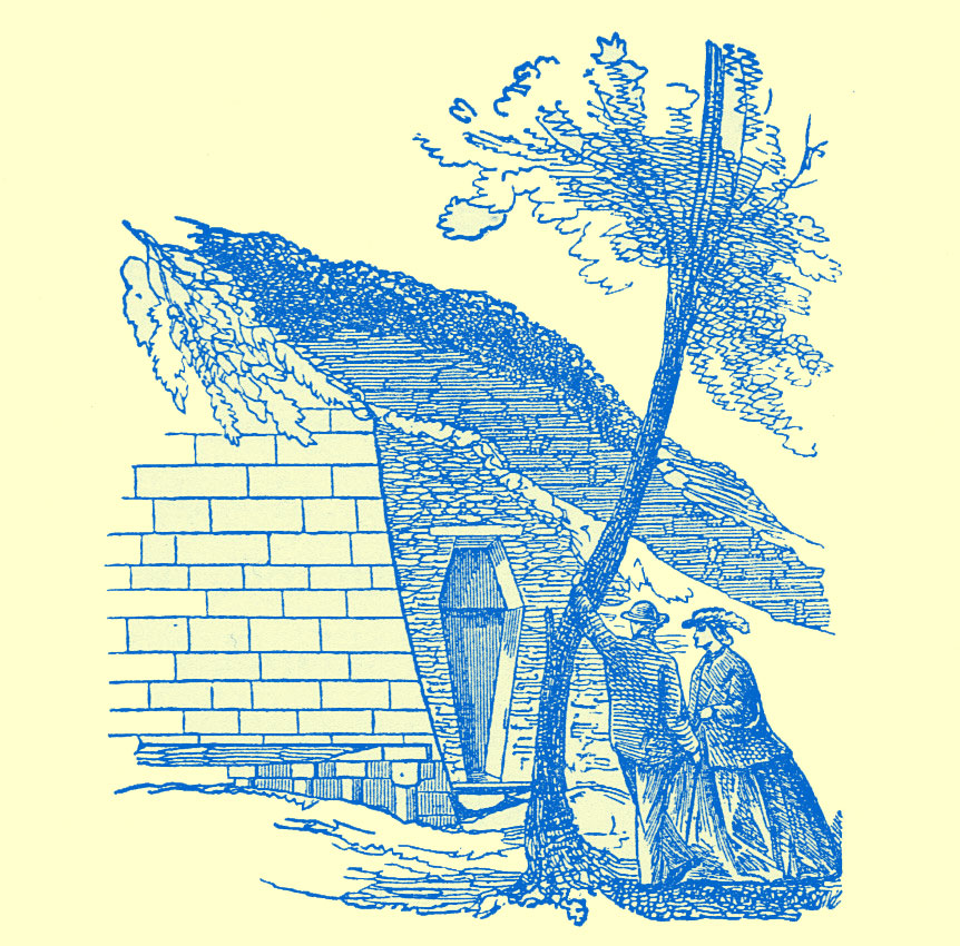 Engraving of a coffin-shaped indention in a wall of a brick structure against/in a hill. A tree is in the foreground with a man and a woman looking at it.