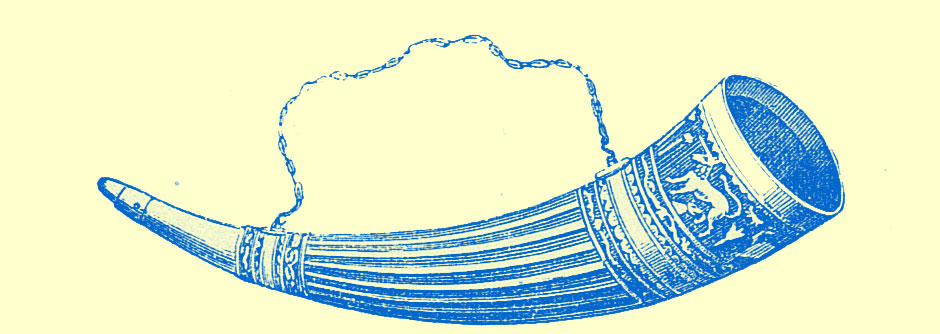 An engraving of the profile, lengthwise of the large horn, engraved with a strap above it. 