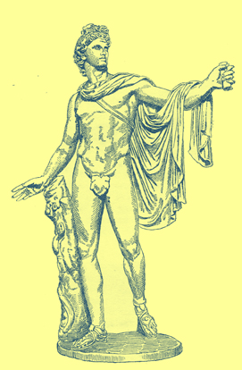 Black and white engraving of the Belvedere Apollo, nude (plus fig leaf) with his chlmys over his shoulder, and sandals on his feet. 