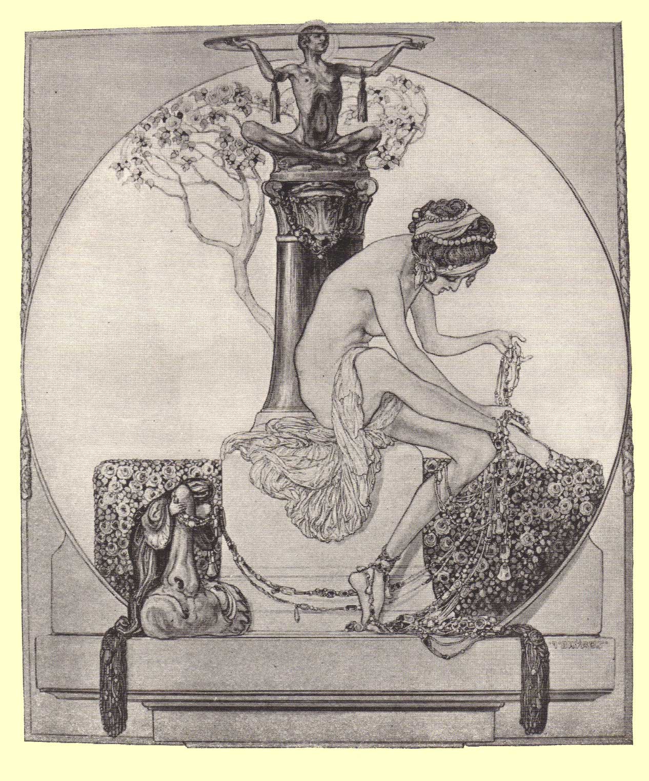 Picture of a seated nude girl on a pedestal, with crossed legs, running necklaces through her hands, by Marquis de Bayros.