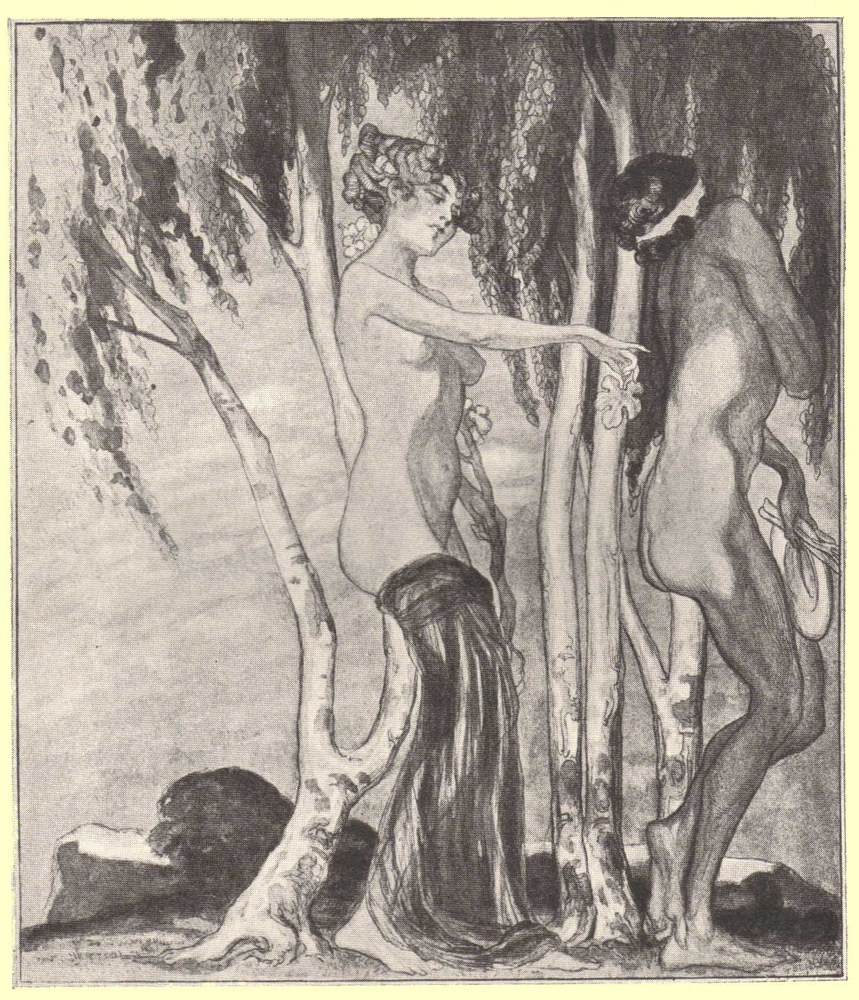 Picture in profile of a full length nude woman walking behind a nude male walking before two willow trees, by Marquis de Bayros.