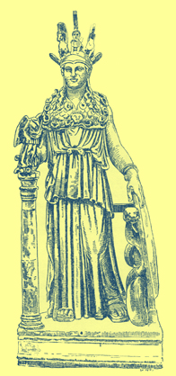 Black and white engraving of the Varvakeion Athena from Athens.  She is wearing the aegis on her on her shoulders. 