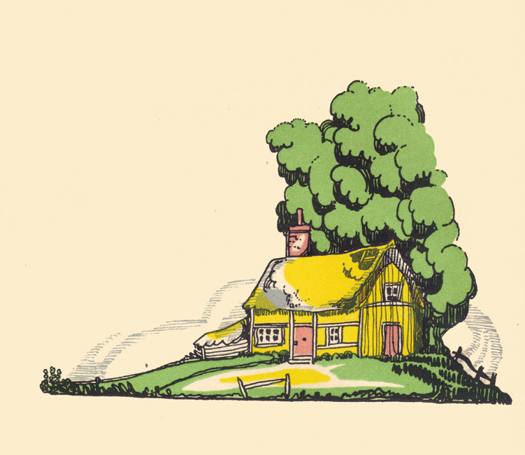 The frontispiece, an illustration in color, by Claud Lovat Fraser, with a picture of a house on a gentle slope,in with a lawn in front and trees behind.