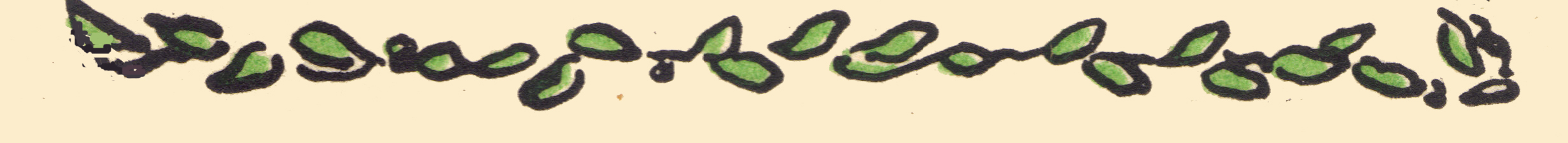 A green and black illustration by Claud Lovat Fraser, bottom border of a garland of leaves.