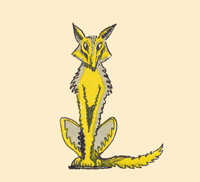 An engraving, in color, by Claud Lovat Fraser, of a wolf, sitting on its haunches.