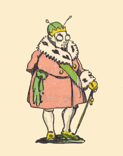 An engraving, in color, by Claud Lovat Fraser, a cricket in a robe with an ermine collar, and a crown.