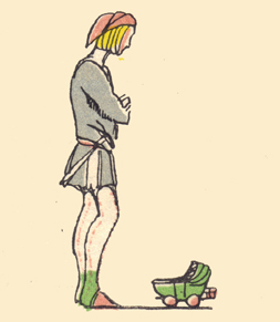 An engraving, in color, by Claud Lovat Fraser, of the boy Luck standing with his arms crossed, looking own on the small pea carraige.