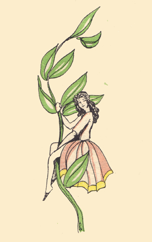 An engraving, in color, by Claud Lovat Fraser, of the princess clinging aloft on to a stalk of peas.