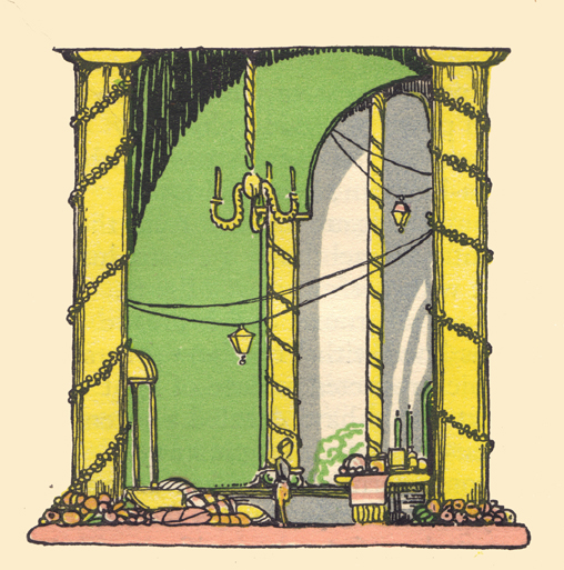 An engraving, in color, by Claud Lovat Fraser, of the interior of a huge tent supported by two pillars with a chandelier hanging orm teh middle.  There is a table with candles and covered dishes, as well as cushions on the ground.