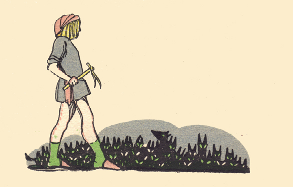 An engraving, in color, by Claud Lovat Fraser, of the Luck, with his three-pronged hoe, looking at a great number of slanted green eyes of wolves in shadow..