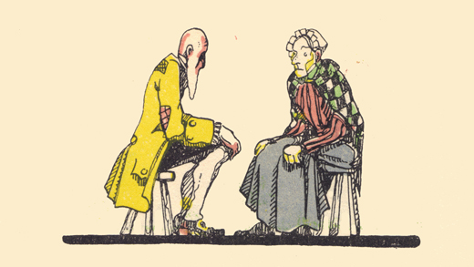 An engraving, in color, by Claud Lovat Fraser, of an old man in a frock coat, seated on a stool, faced an old woman in a gown, also seated on stool.