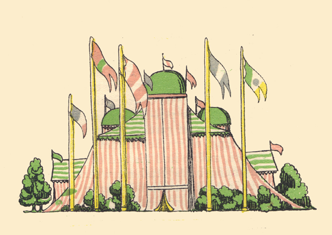 An engraving, in color, by Claud Lovat Fraser, of a huge striped tent, with several domed towers, and several flags and shrubs are around it.