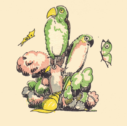 An engraving, in color, by Claud Lovat Fraser, of two parrots and a cockatoo on some bushes, with two butterflies flying around them.