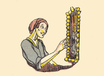 An engraving, in color, by Claud Lovat Fraser, of the Luck looking into a mirror.