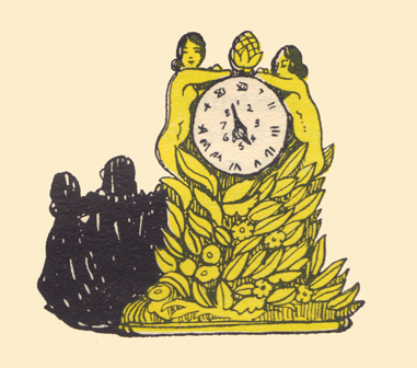 An engraving, in color, by Claud Lovat Fraser, of an ornate clock with two figures of women framing it on a base of carved leaves.