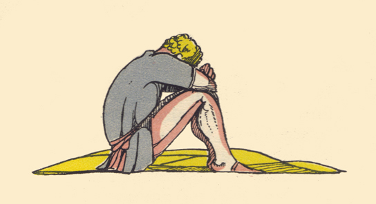 An engraving, in color, by Claud Lovat Fraser, of the Luck, in sorrow, seated on the ground with his head on his knees.