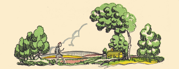 An engraving, in color, by Claud Lovat Fraser, the Luck, in the distance, walking toward a house in the midst of fields and trees.