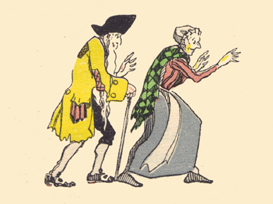 An engraving, in color, by Claud Lovat Fraser, of the old man, with a cane, wearing a tricorne and frock coat, accompanied by his wife, appearing in a hurry, with upraised arms.