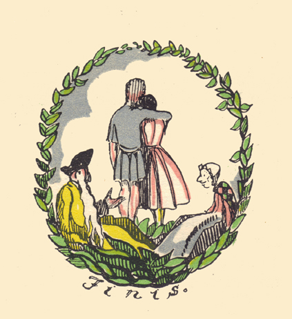 An engraving, in color, by Claud Lovat Fraser, a rear view of the Luck with his arm around the princess, and his two parents seated before them, all enclosed in a circle made by a leafy garland.