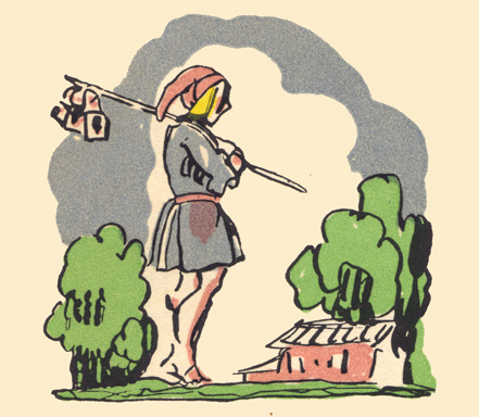 The title picture, an illustration in color, by Claud Lovat Fraser, with a youth carrying a hoe on his back, the title of the book, and a surrounding border of a leafy garland.