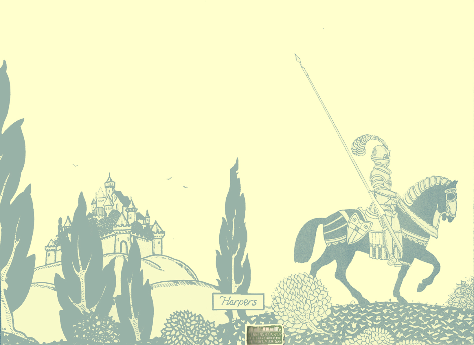 Blues and white art-deco illustration of a knight in armour on a horse, with a long jousting lance at his side.  Behind him is a walled town, with stylized trees, shrubs, and a flowered ground.