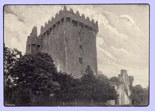 Photograph of Blarney Castle, with trees at the base and in the foreground taken before 1910.