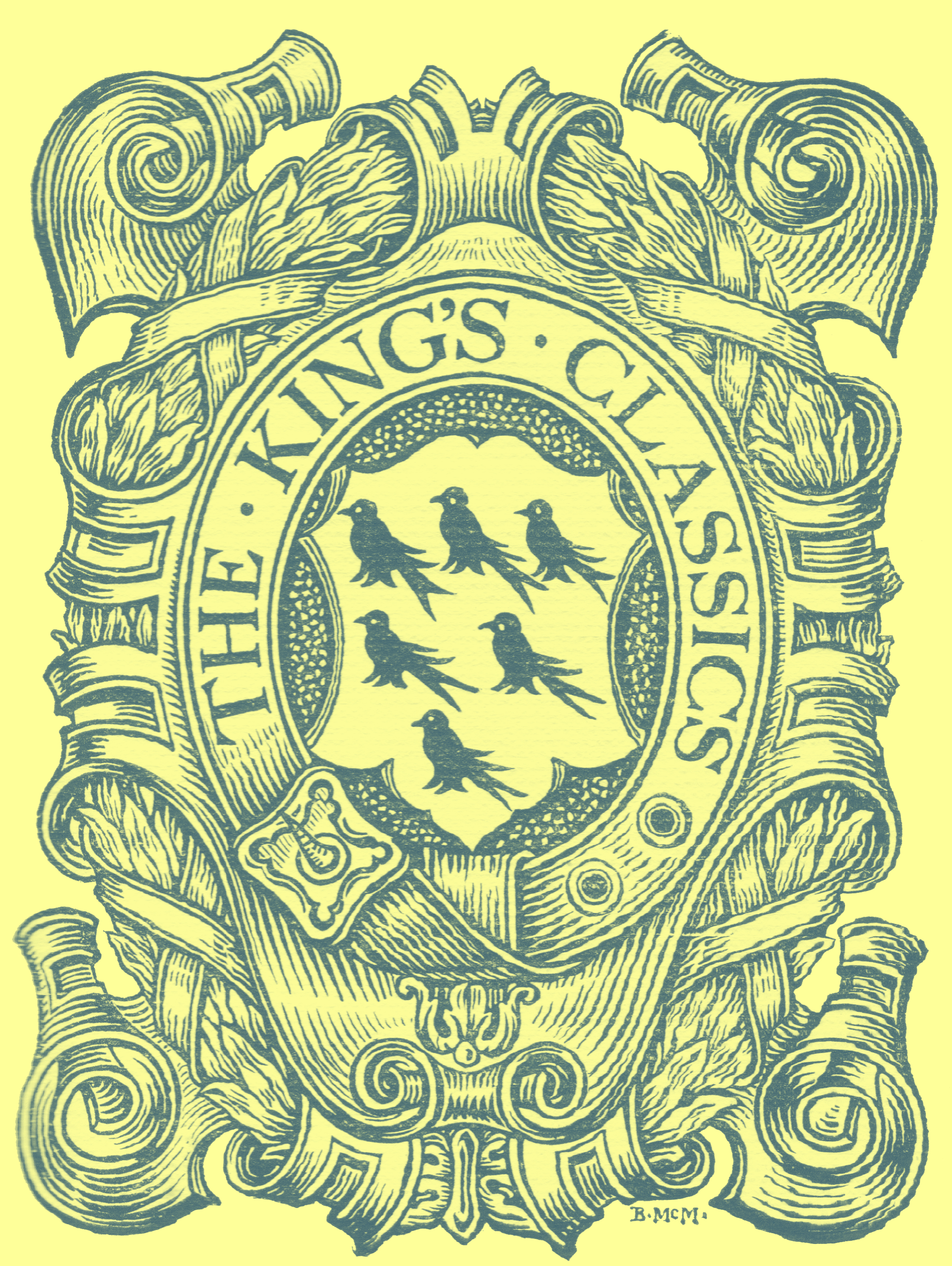 Black and white engraving of the ornately scrolled logo, like an armorial bearing, for the 'King's Classics Series, with 6 ravens in the center.