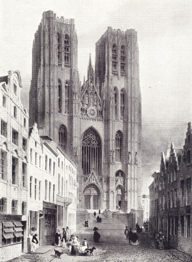 Black and white drawing of the Church of St. Gudule, in Brussels.  Built in the 13th century, towers added in the 15th century.