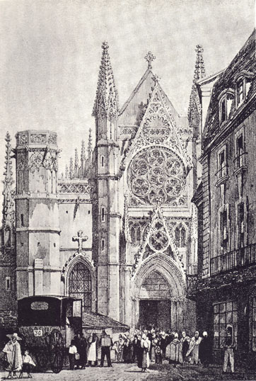 Black and white drawing, by T. S. Boyes of the Church of St. Pierre, in Caen. A crowd of people and a wheeled coach can be seen in front of it.