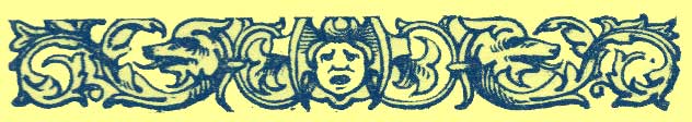 Small black and white decorative rectangle, with center open-mouthed face amid scroll with two dog's heads and vines.