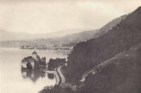 Black and white photograph of the Castle of Chillon, Switzerland, taken in the late 19th century.